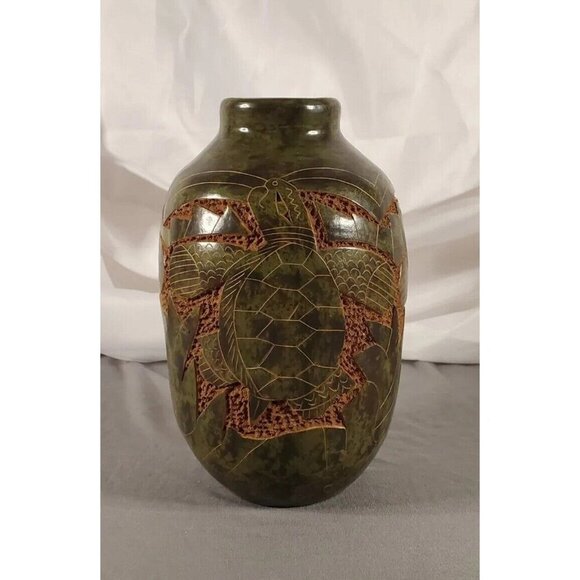 Nicaraguan Sgraffito Pottery Vase Hand Carved Etched Signed Green Sea Turtle 7" - Picture 3 of 12